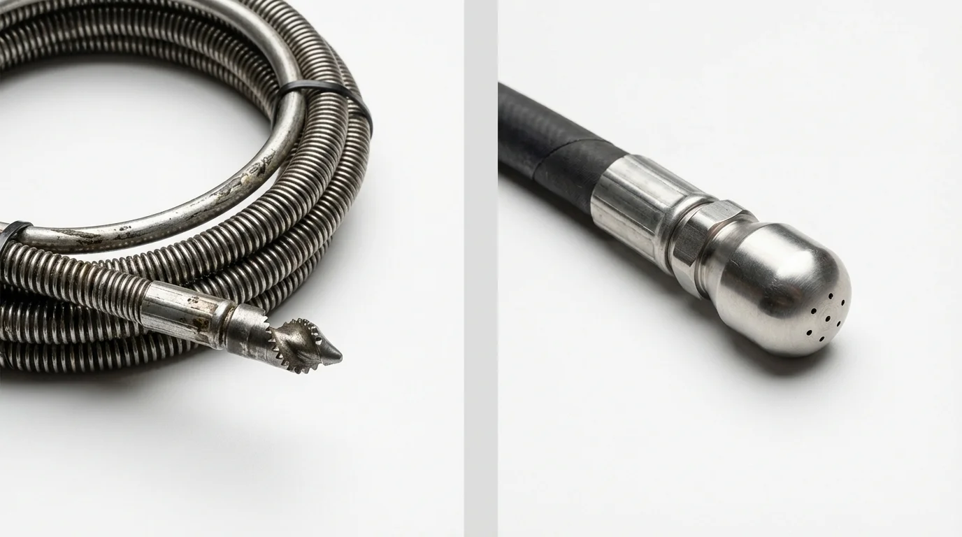 Drain snake cable and hydro jetting nozzle used for drain cleaning in Hillsboro, ND