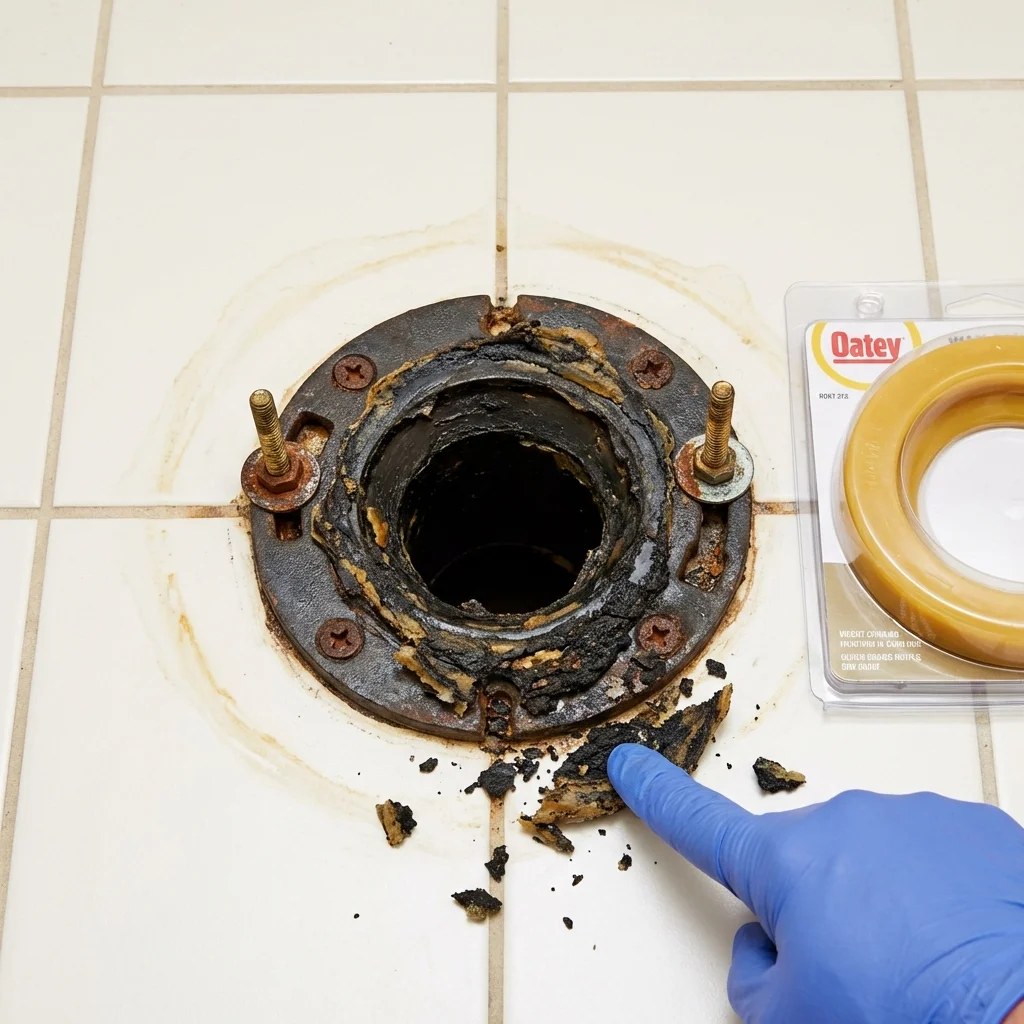 Failed wax ring showing water seepage at the base of a toilet in a Hillsboro, ND home