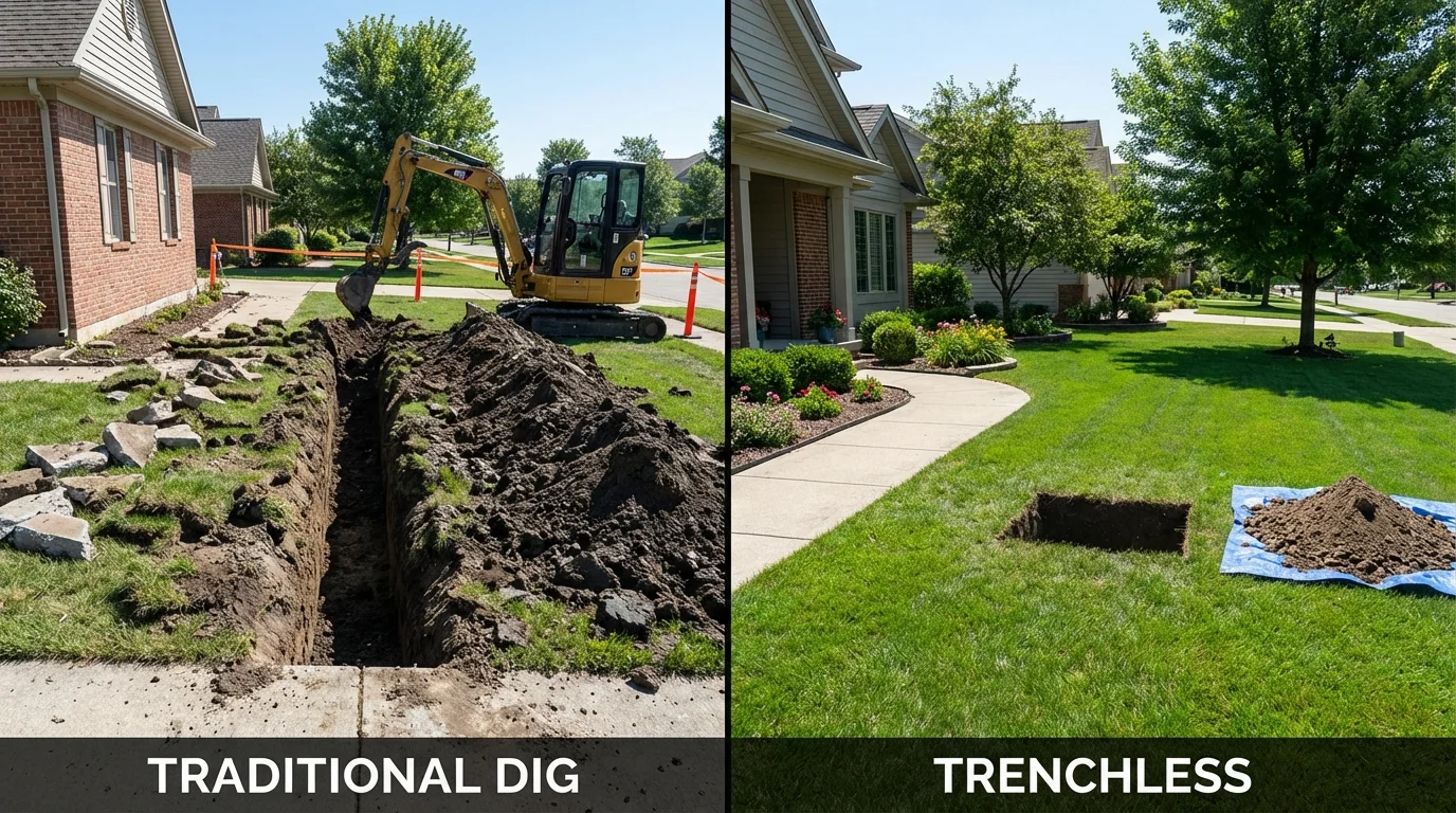 Trenchless sewer repair with minimal yard damage versus traditional excavation in Hillsboro, ND