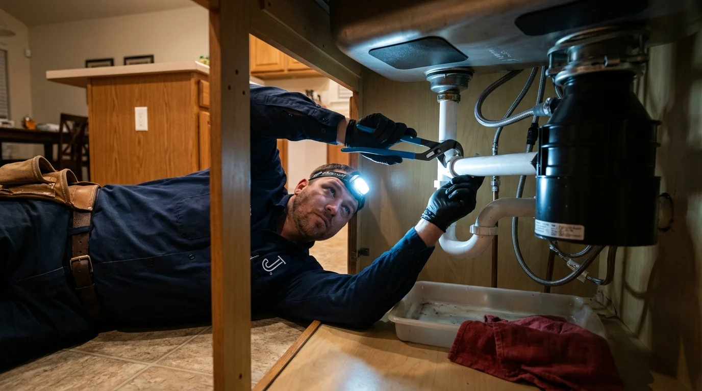 P-trap and supply line connections under a kitchen sink showing a common leak point in Hillsboro, ND